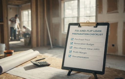 Fix and flip loan preparation checklist on clipboard at a construction site with renovation work in progress