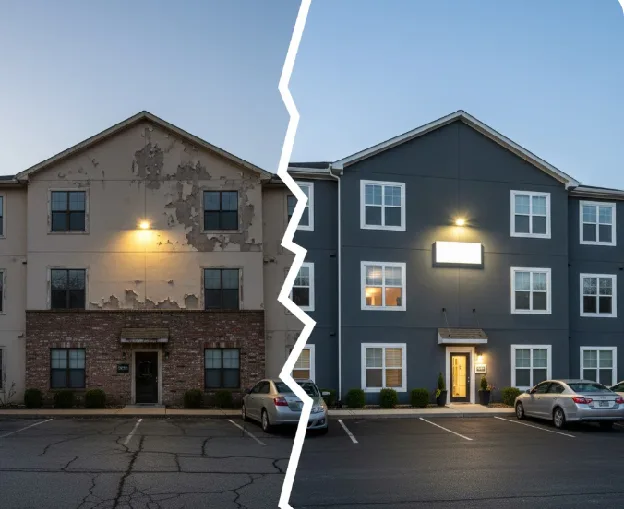 Before and after comparison of a multifamily property repositioning showing transformation from deteriorated exterior to renovated modern building