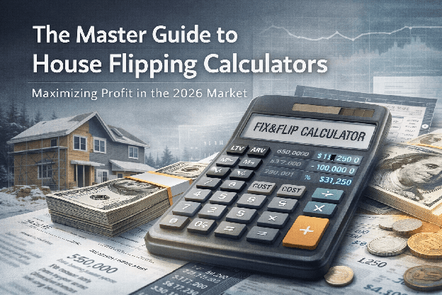 Illustration of a fix-and-flip calculator with cash and house background