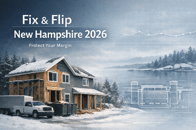 Snowy New Hampshire house renovation site with overlaid text Fix and Flip New Hampshire 2026