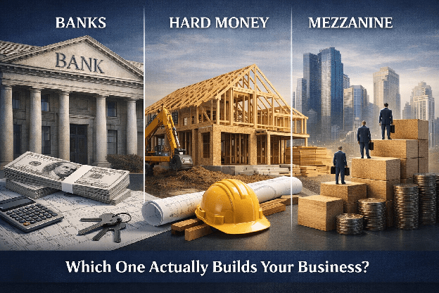Side-by-side comparison graphic showing banks, hard money, and mezzanine financing for construction projects