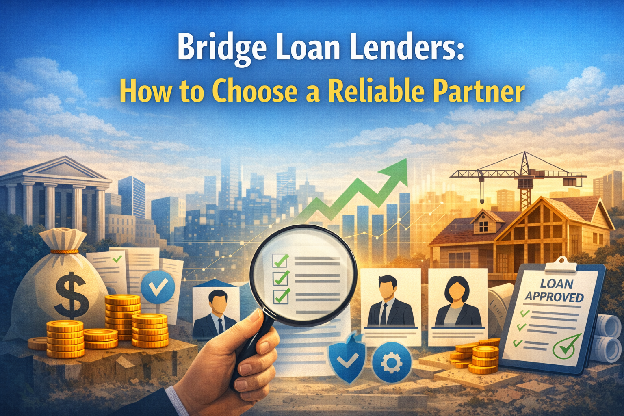 Illustration showing bridge loan lenders, investor documents, and a property approval checklist
